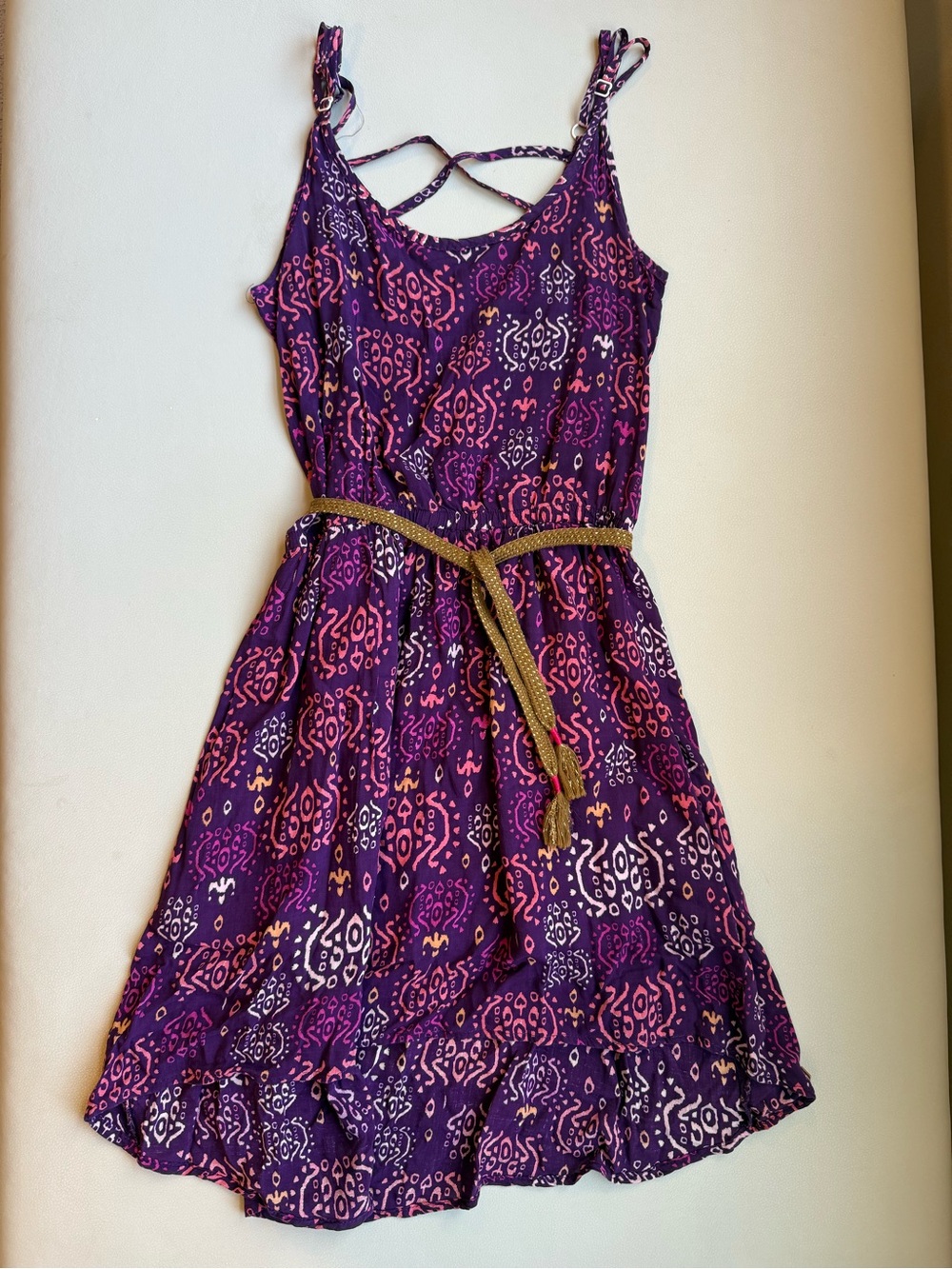 Seventy Purple Sleeveless Patterned Dress with Gold Belt